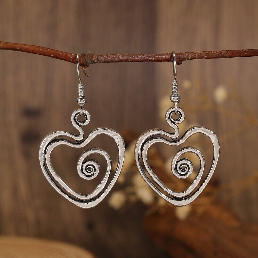 Silver Tone Spiral Swirl Heart Dangle Drop Earrings Pierced Hook Lightweight